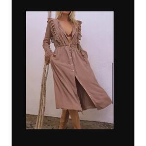 Free People Long Sleeve Ruffle Dress in Tan
